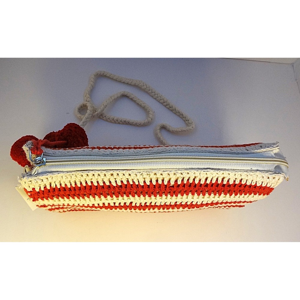 Red Striped Woven Crochet Crossbody Bag Purse with‎ Pom Poms Zipper Closure NWT - Picture 4 of 7